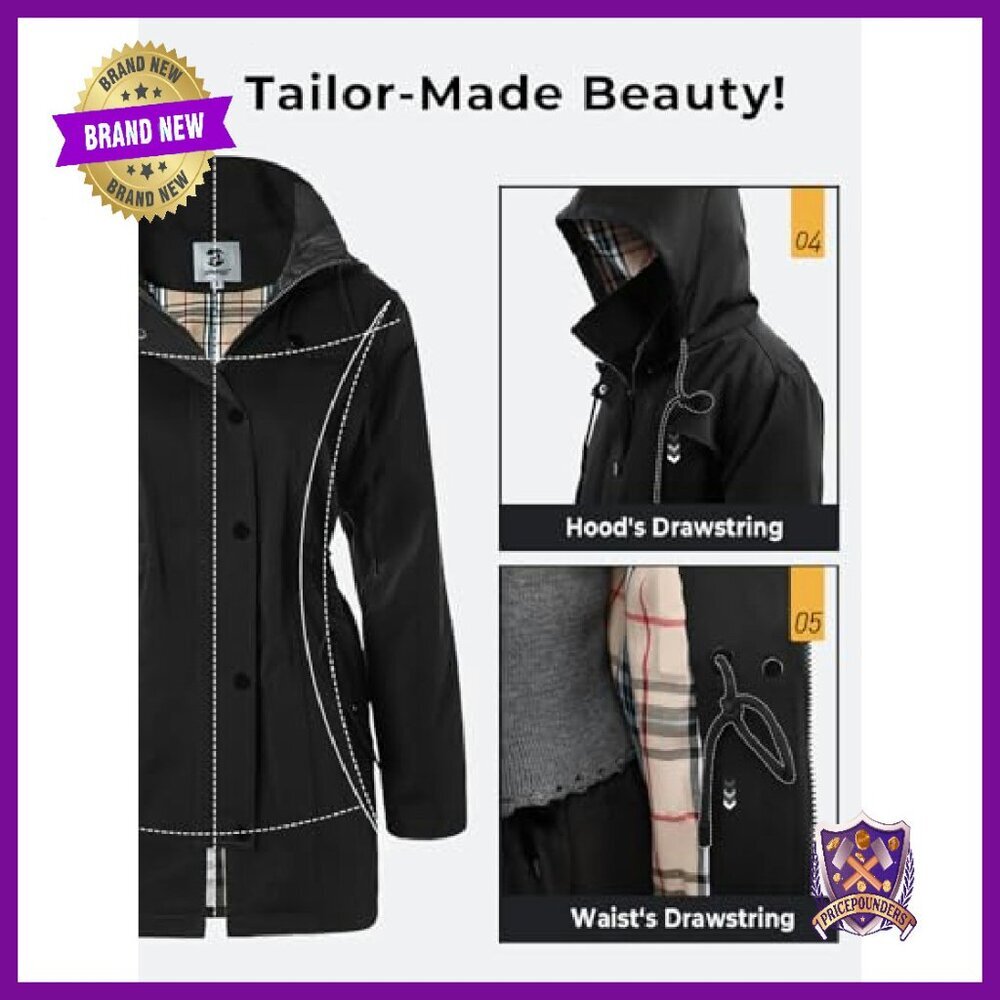 Women's Long Hooded Rain Jacket Water-Resistant Windbreaker Trench Coat - Picture 7 of 7